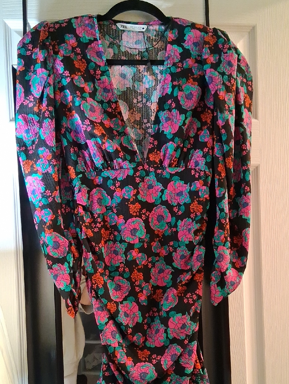 Zara Black Floral V-Neck Long Sleeve Dress with Pink & Teal Blooms
